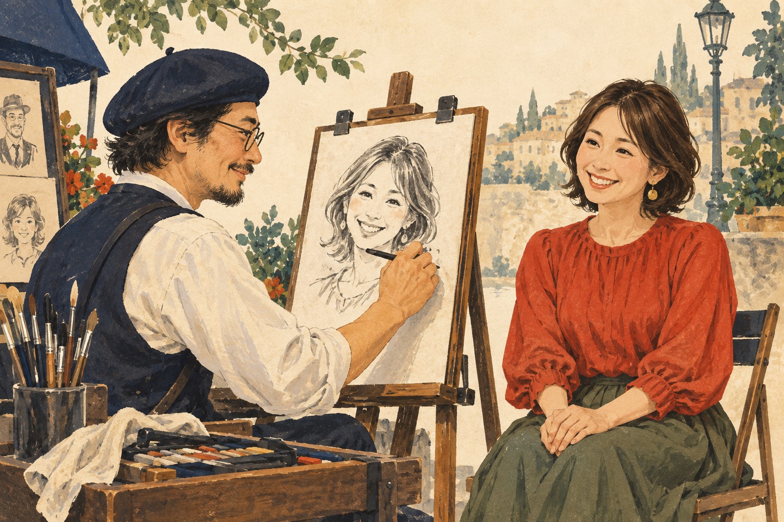 来場者の似顔絵を描くアーティスト