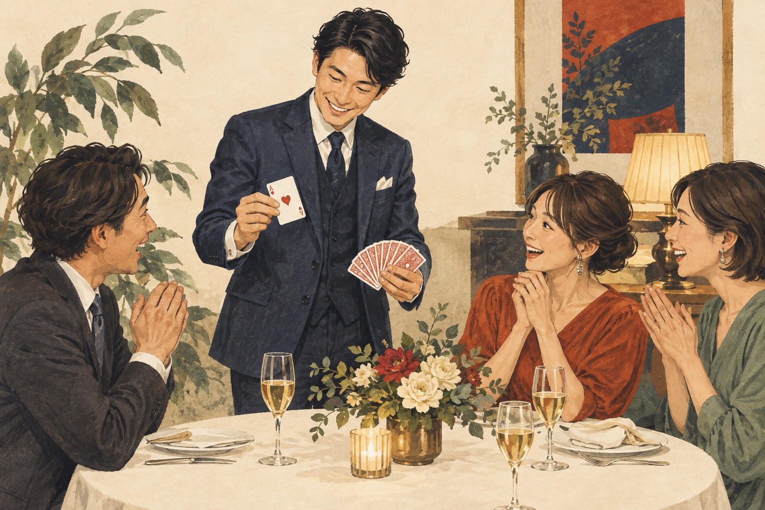 会食の席でカードマジックを披露するマジシャン